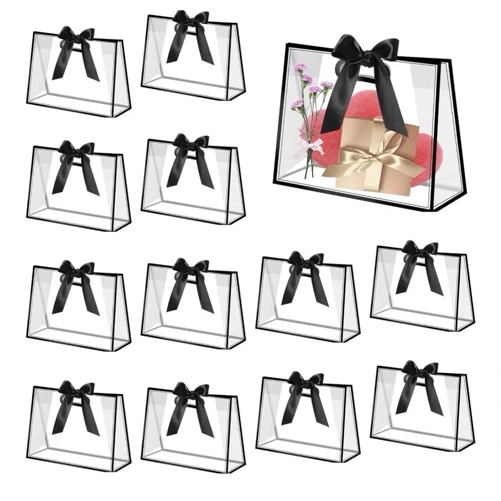 Sel Natural 12 Pcs Clear Gift Bags with Handles 1 Count (Pack of 12), Black